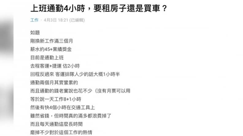 上班通勤來回４小時，該租屋還是買車？過來人解答：依２因素做取捨