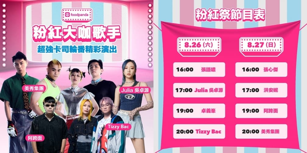 啤酒、冷飲、甜點免費吃！foodpanda粉紅祭４亮點，這２天８組藝人嗨爆圓山廣場