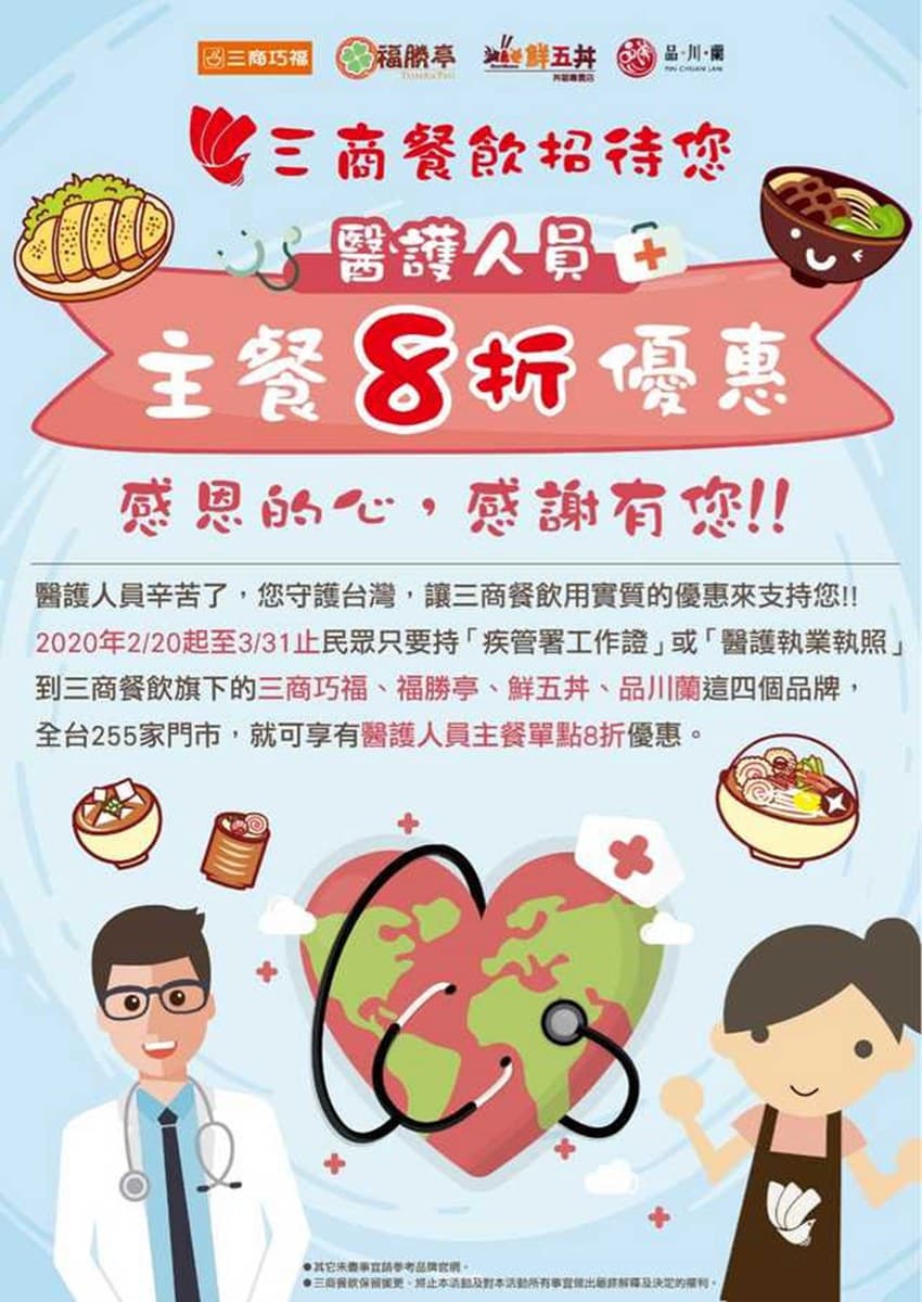感謝醫護!全台14家餐飲優惠挺防疫,再加碼2間酒店住宿優惠 感謝醫護!全台14家餐飲優惠挺防疫,再加碼2間酒店住宿優惠