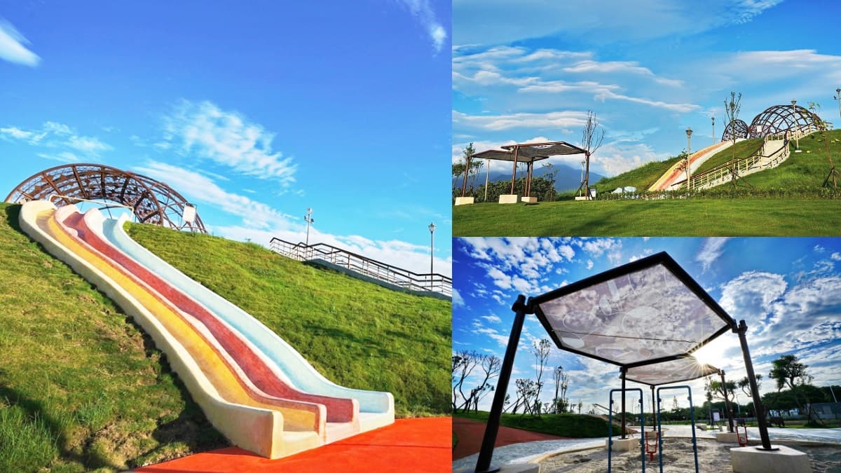 小孩放風點+1！八里「十三行文化公園遊戲場」全新完工，20公尺磨石子滑梯溜起來