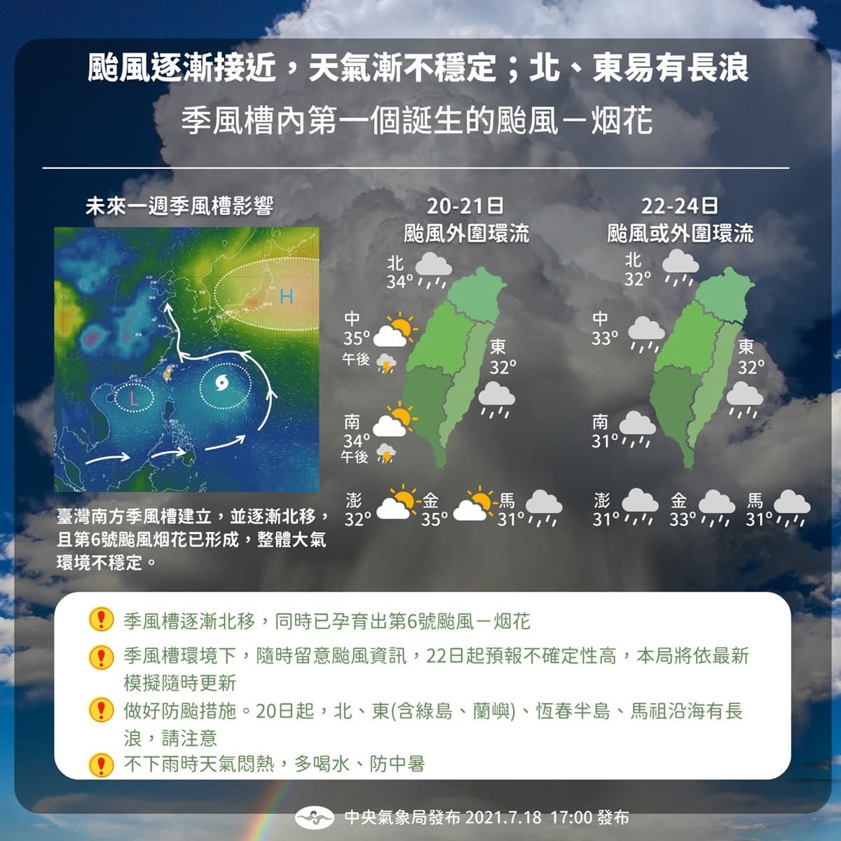 北台灣風雨影響大！第６號颱風「烟花」明起轉「中颱有雨」，預計這時最接近台灣