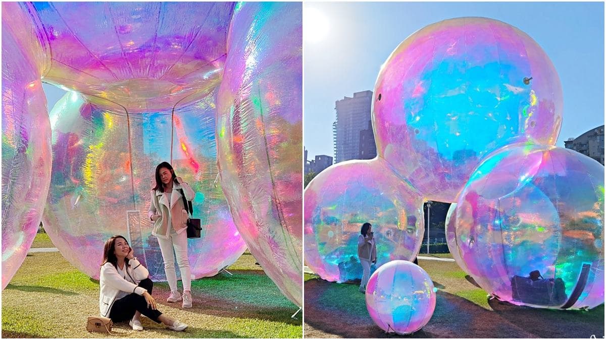 台中最新「巨型彩虹泡泡」登場！打卡超夢幻七彩泡泡球，夜晚點燈更好拍