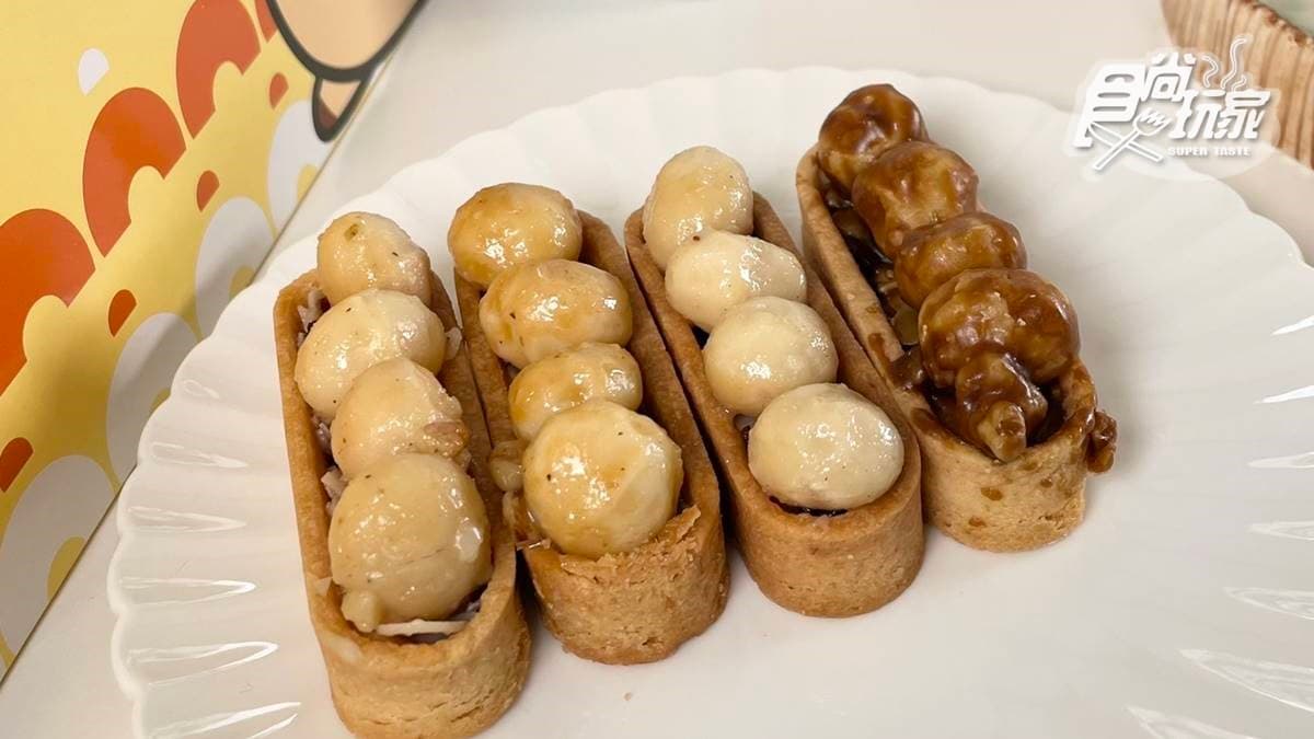 與一般常見的圓型豆塔不同，這裡的豆塔外型設計為條狀，更好入口。