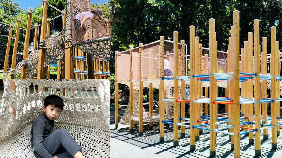 大小朋友都能爬！台北「3D木樁迷宮」公園設計開創舉，再窩進編織樹洞好放鬆