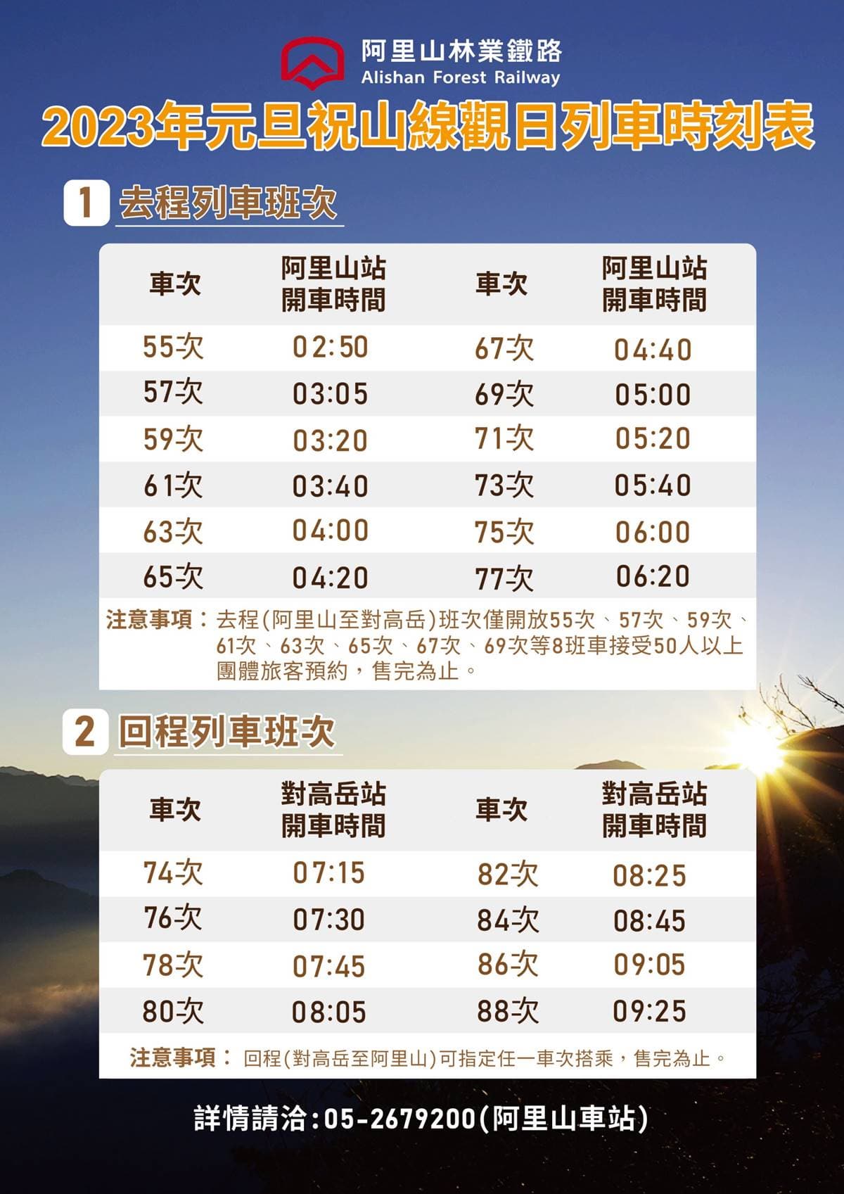 衝阿里山賞2023元旦日出!祝山觀日列車今起開始預售,「這天」快搶訂個人票 衝阿里山賞2023元旦日出!祝山觀日列車今起開始預售,「這天」快搶訂個人票