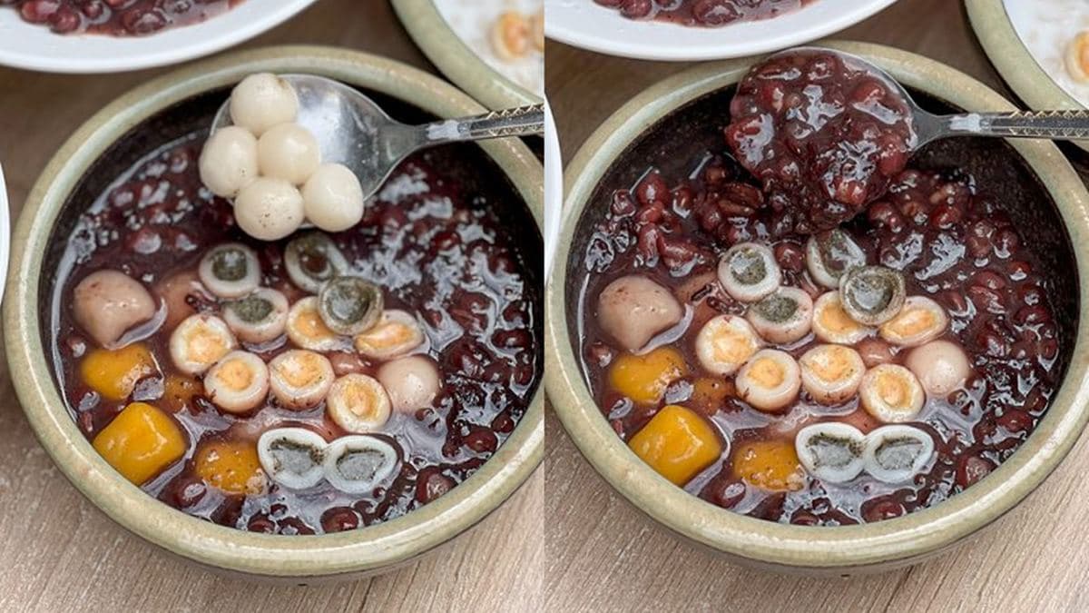 「紅豆紫米綜合湯圓」白色的小湯圓就是有包餡的，咬下會有驚喜感。（圖片來源：花露露 の花花世界）
