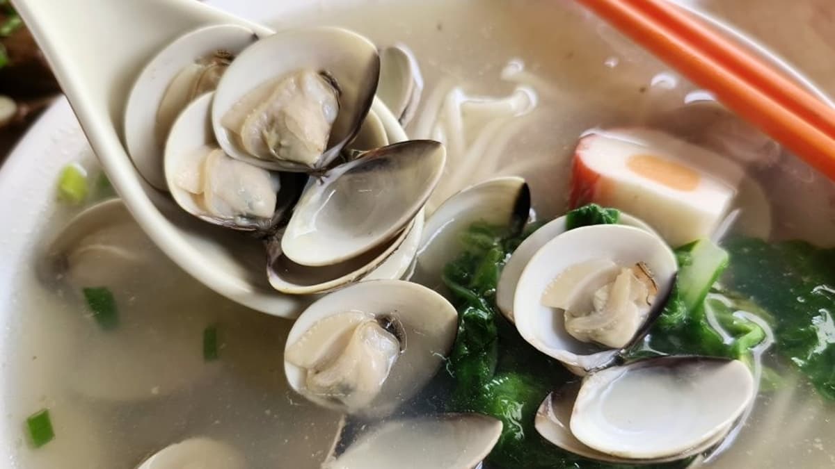 「蛤仔拉麵」鋪了滿滿的蛤蜊，約有20顆左右之多。（圖片來源：大口老師的走跳學堂!）