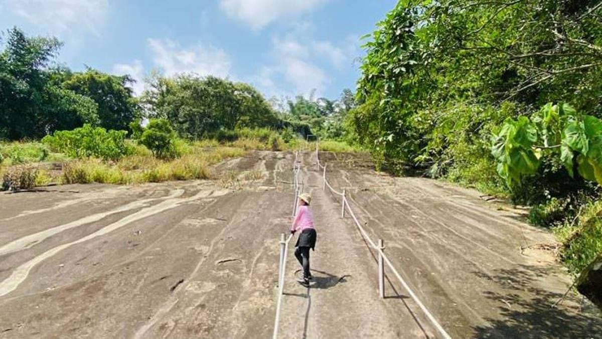 石壁的有左右２條拉繩步道，都可以向上通往持明寺。（圖片來源：森の野餐女王）