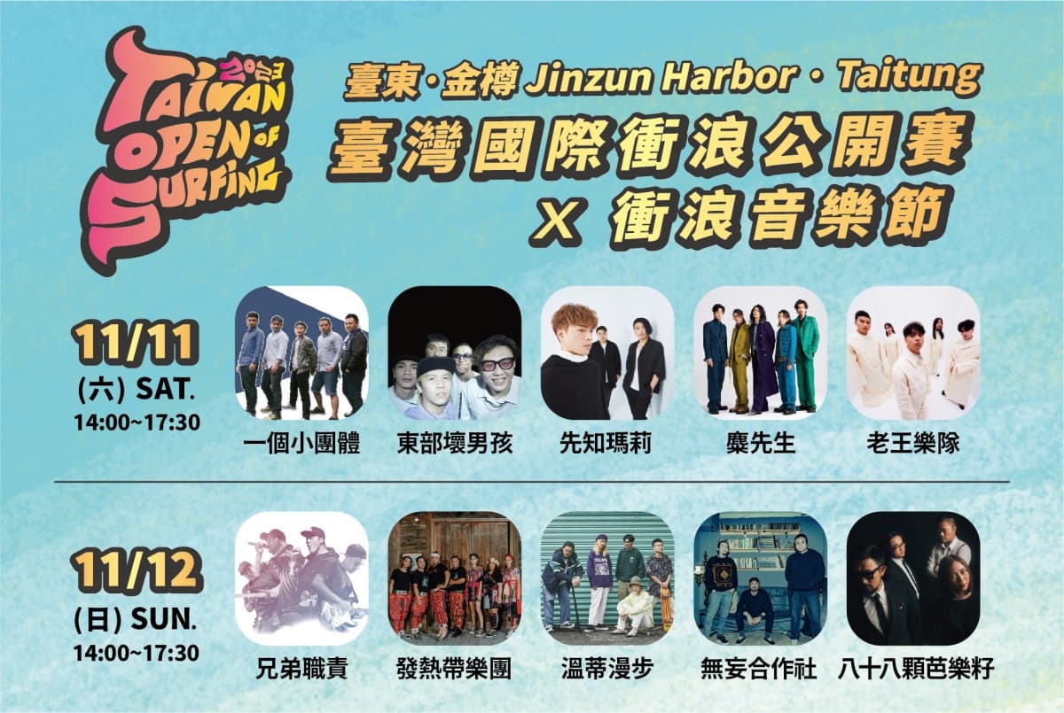 臺灣國際衝浪公開賽,11/6臺東金樽登場,週末加碼衝浪音樂節 臺灣國際衝浪公開賽,11/6臺東金樽登場,週末加碼衝浪音樂節