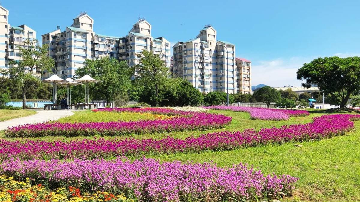 花海另一側是城市景觀，宛如置身國外。（圖片來源：Sweet Tina 樂在生活分享）