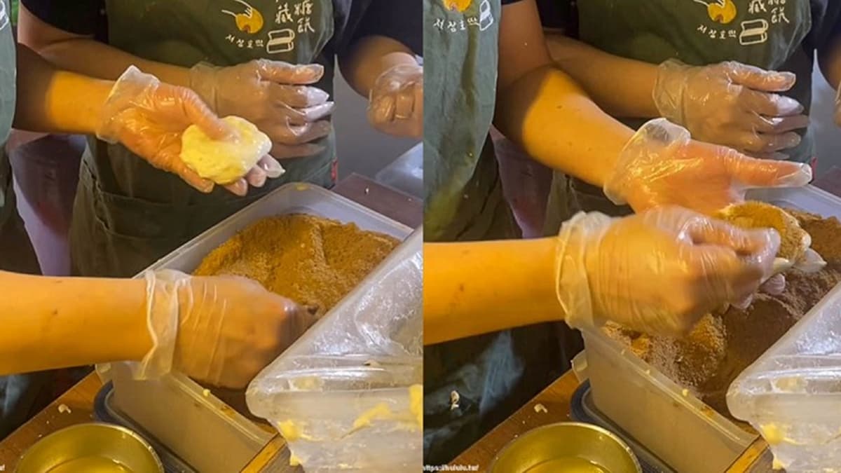 糖餅是現點現炸，老闆手工揉製麵糰後，再包進滿滿的糖粉後油炙。（圖片來源：花露露 の花花世界）