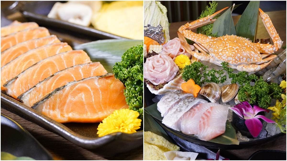 左圖為「挪威鮮鮭魚」，右圖為「問鼎花蟹」。