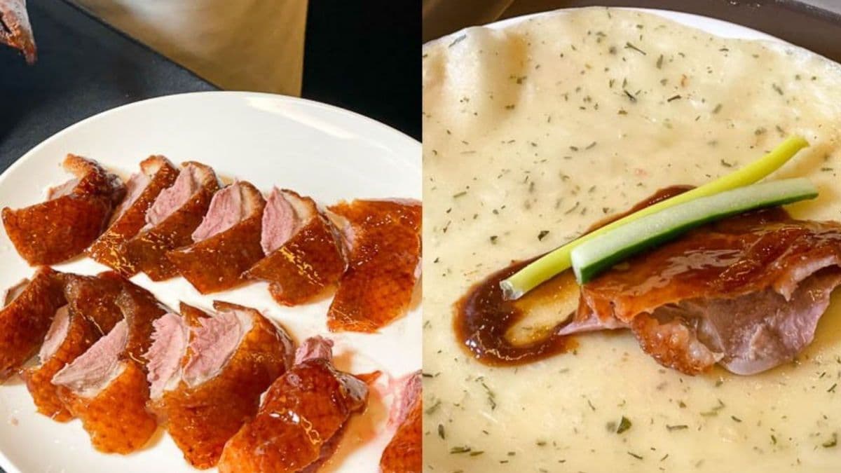 「烤鴨捲餅」餅皮特別加入蝦夷蔥，口感相當Q彈，有著淡淡清香。（圖片來源：花露露の花花世界）