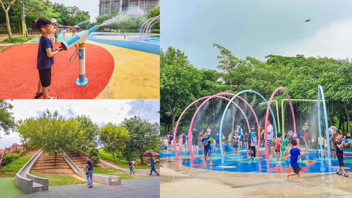 台中人免費玩水!公園戲水區「噴水槍、水霧隧道」超消暑,22公尺溜滑梯放電