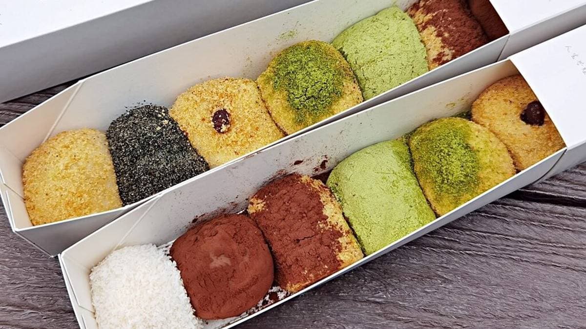 包餡麻糬口味有花生、芝麻、紅豆、抹茶、巧克力、椰香等６種。（圖片來源：Darren蘋果樹旅遊玩樂誌）