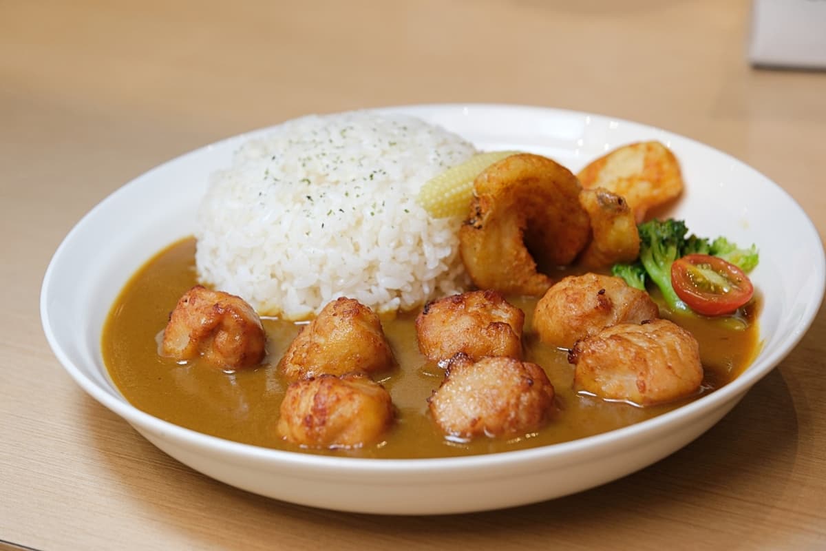 在咖哩店少見的主角「秘制雞肉丸咖哩」，每一顆都多汁飽滿，口感扎實中帶點Q彈。（圖片來源：Carol）
