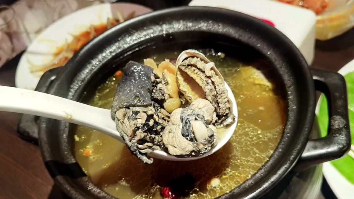 店家招牌必點鮑魚燉烏骨雞湯，活鮑、烏骨雞熬煮數小時。（圖片來源：DARREN蘋果樹旅遊玩樂誌）