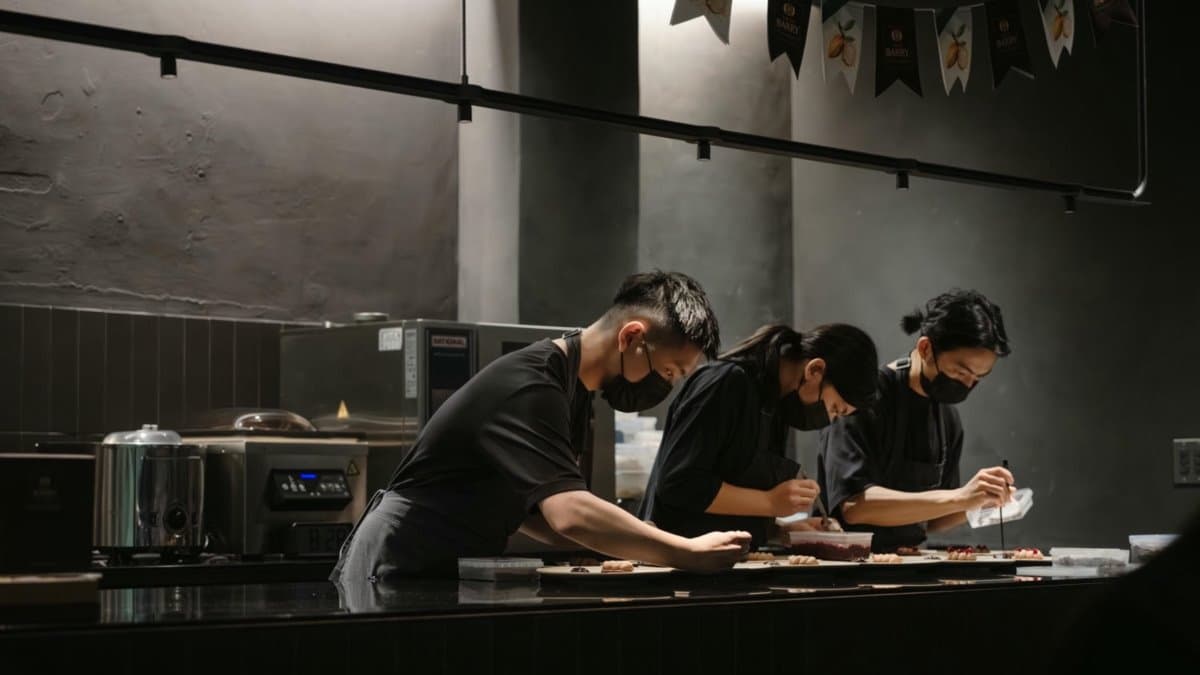 欣賞甜點師將一盤盤藝術品完成。（圖片來源：大妹食旅日常）