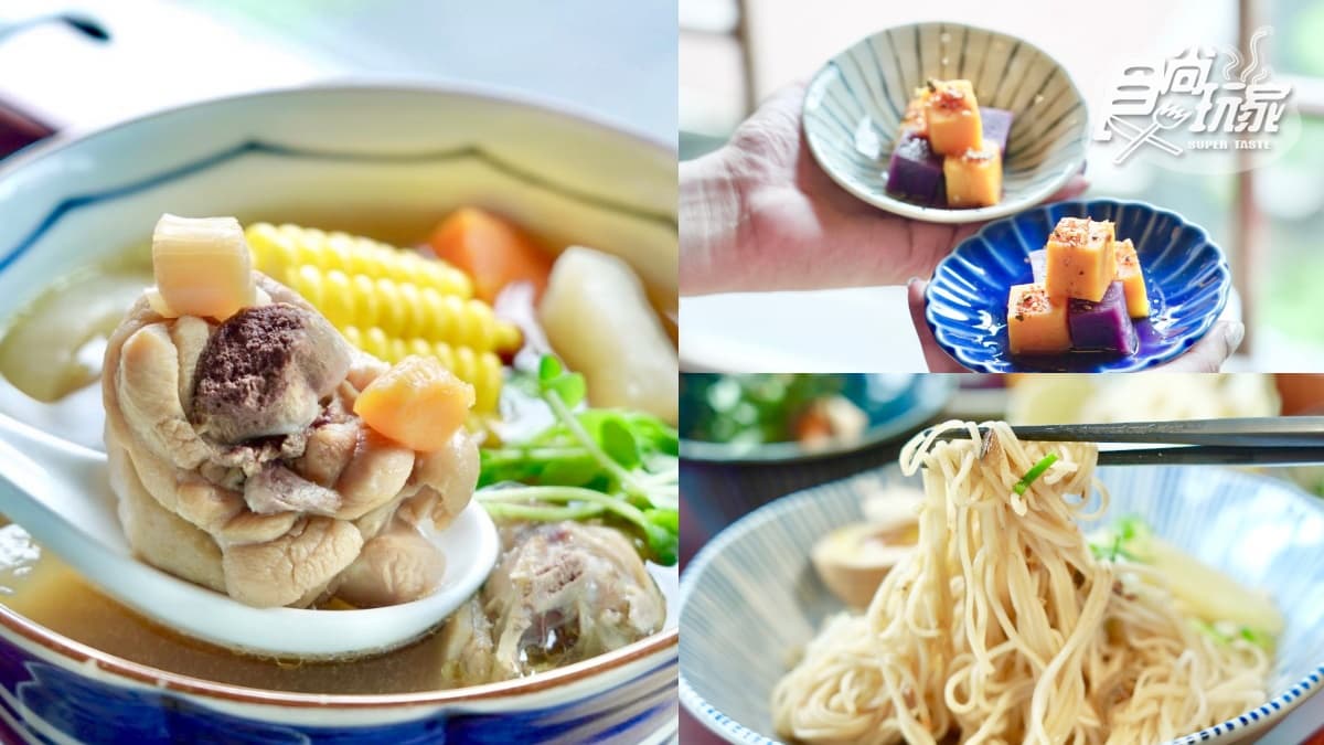 香醇雞湯裡頭的雞肉軟嫩香甜，配菜首推XO醬佐紅藜麵線，還有口感超特別的鰹魚七味紅地瓜。