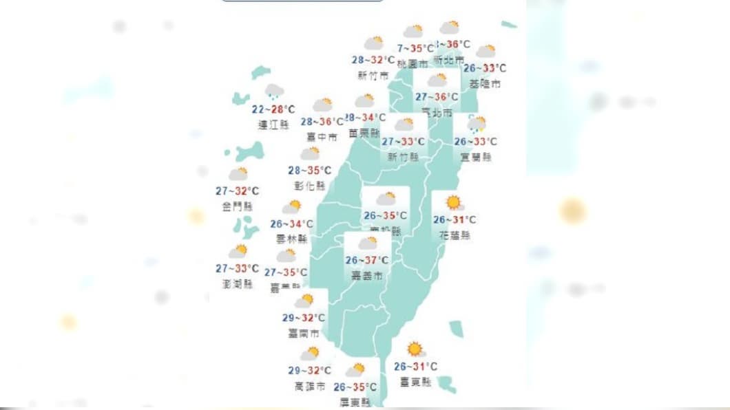 圖／中央氣象局 15縣市高溫特報！高溫炎熱　午後山區局部雷雨
