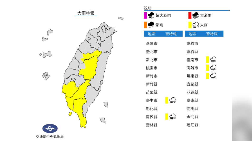 雨神眷顧!氣象局發布「5縣市大雨特報」,花蓮、台東36度以上「高溫警報」 5縣市大雨特報。(圖/翻攝自中央氣象局) 雨神又來! 中南部5縣市發布大雨特報