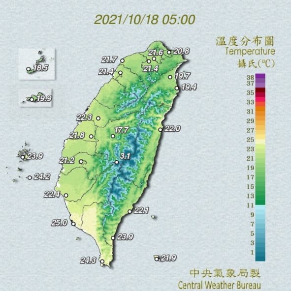 今晨降溫有感。（圖／中央氣象局） 今晨18.1度入秋最冷！下波冷空氣「雨更多」這天襲台