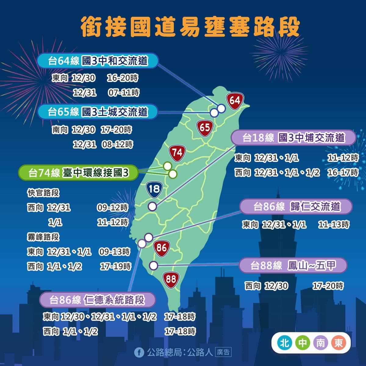 元旦連假期間銜接國道易壅塞路段。（圖／翻攝自公路總局：公路人臉書） 不斷更新／2023年元旦連假　國道交通疏導懶人包一次看