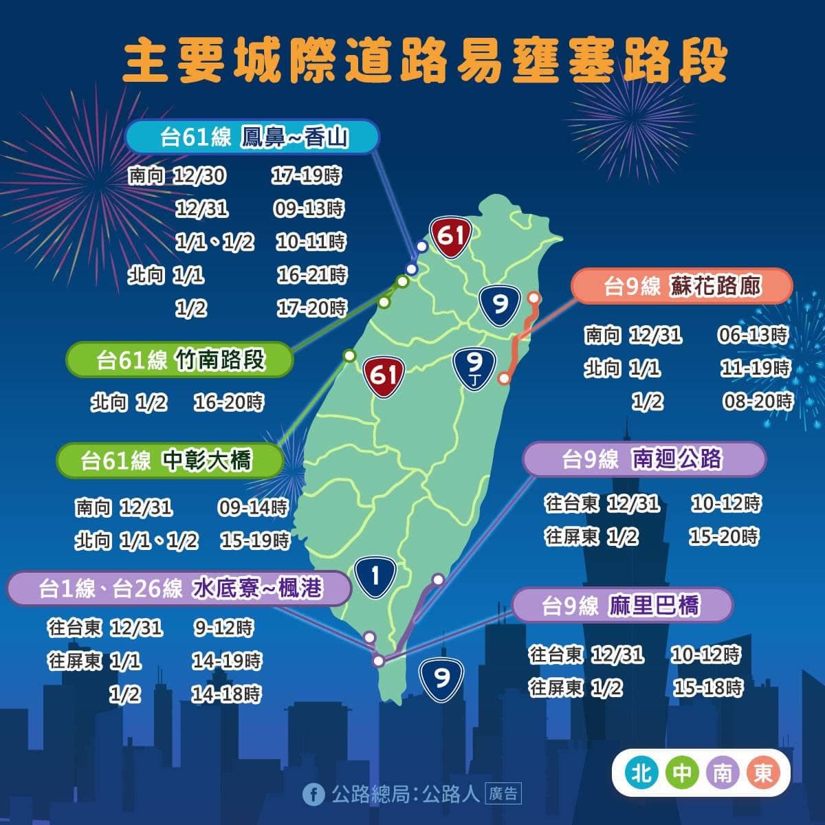 元旦連假期間主要城際道路易壅塞路段。（圖／翻攝自公路總局：公路人臉書） 不斷更新／2023年元旦連假　國道交通疏導懶人包一次看