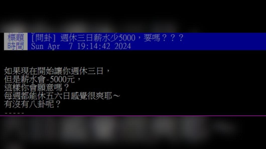 網友認為,週休3日落在週末感覺不錯。(圖/翻攝自PTT) 網友認為,週休3日落在週末感覺不錯。(圖/翻攝自PTT)