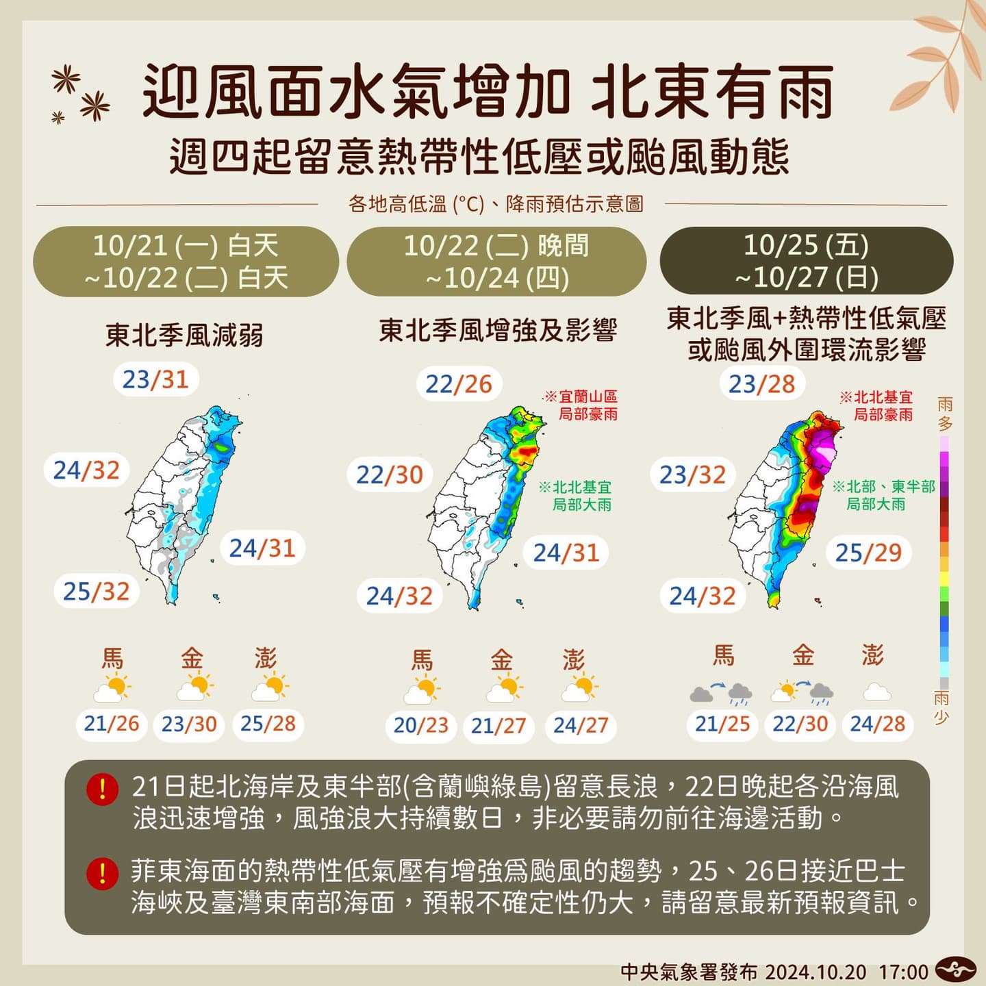 「潭美」颱風最快今生成!專家曝最新路徑,這2天風雨最大 週五至下週日,基隆北海岸、大臺北地區、宜蘭山區持續注意防豪雨。(圖/中央氣象署)