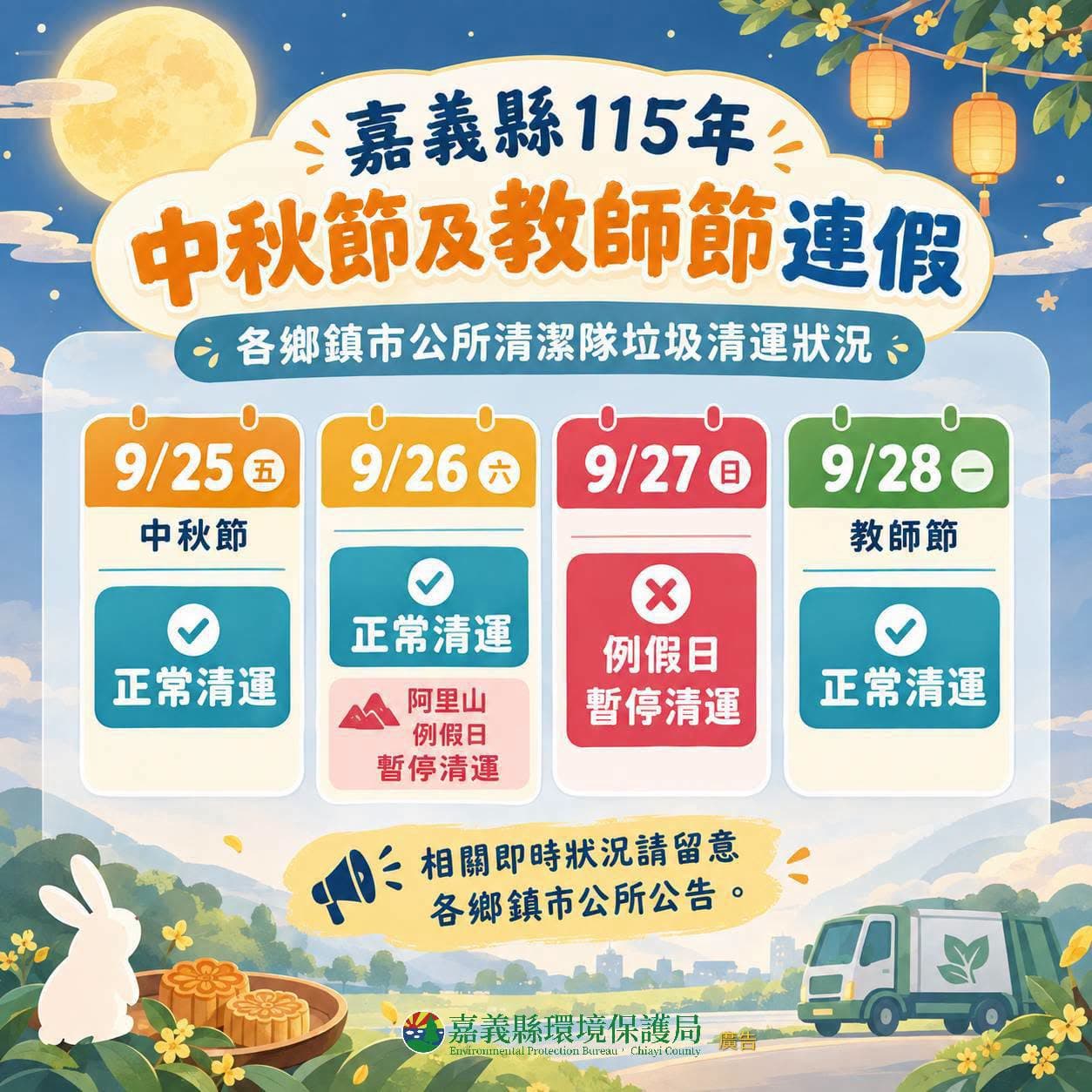 中秋節有垃圾車嗎？全台各縣市垃圾清運時間、烤肉回收規定懶人包