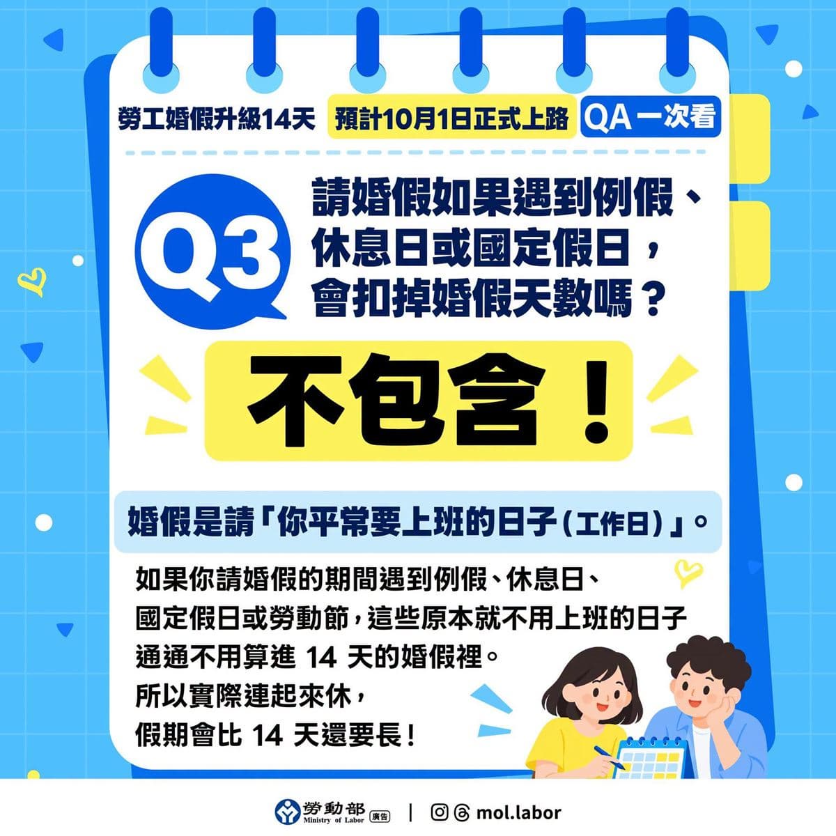 婚假新制10/1上路！８天增至14天「週末不扣天數」，９月結婚符合條件也能多休