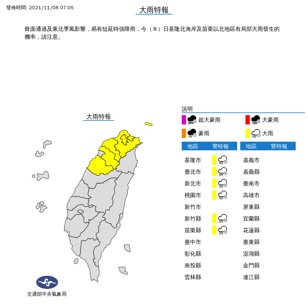 今（8）日7縣市發布大雨特報。（圖／中央氣象局） 1天內暖陽→寒冬！斷崖式「狠墜8度」一圖看懂各地溫差