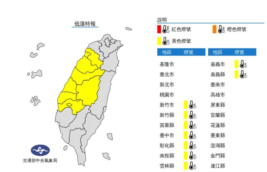 9縣市發布低溫特報。（圖／翻攝自氣象局官網） 開工急凍8.5度！2氣團「南北夾擊」全台炸雨　變天時間曝