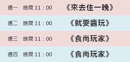 《食尚玩家》播出時間異動!週一到週四晚間11:00 看完笑著去睡覺剛剛好〜 《食尚玩家》播出時間異動!週一到週四晚間11:00 看完笑著去睡覺剛剛好〜