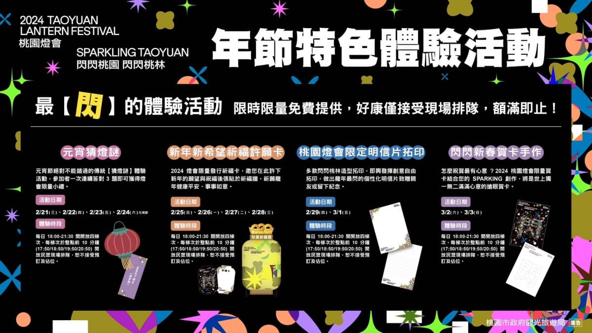 「2024桃園燈會」!祭48場闔家最閃體驗猜燈謎,手作賀卡及明信片拓印免費玩 「2024桃園燈會」!祭48場闔家最閃體驗猜燈謎,手作賀卡及明信片拓印免費玩