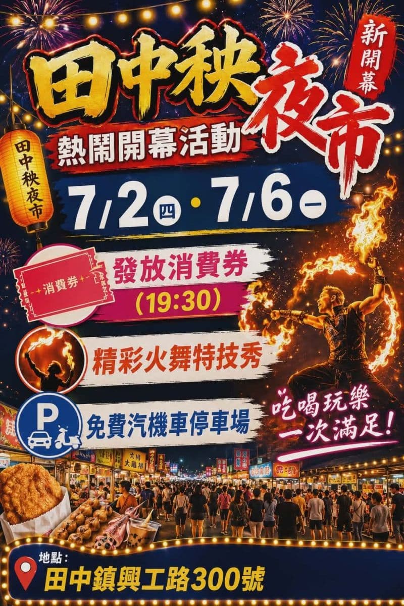 中部又有新夜市!「田中秧夜市」7月開幕亮點搶先看,這2天免費發消費券 中部又有新夜市!「田中秧夜市」7月開幕亮點搶先看,這2天免費發消費券