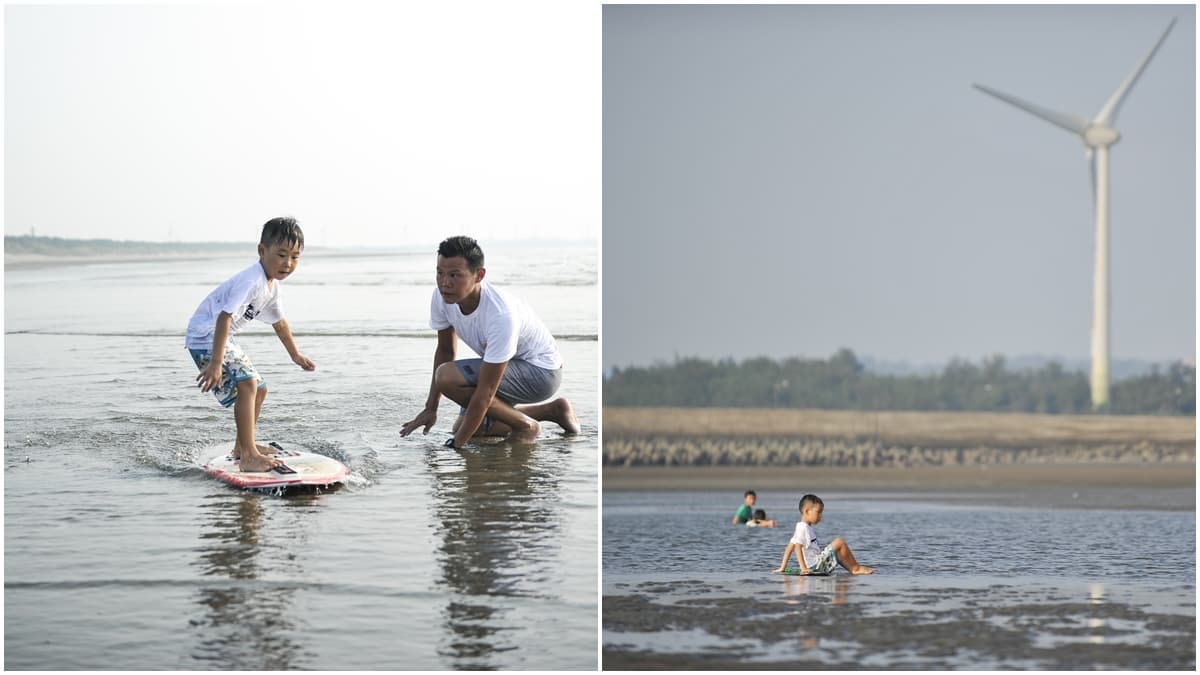 海灘就是遊樂場!親子祕境就在「竹南海濱」:兒童淺灘衝浪+70年布丁綿綿冰