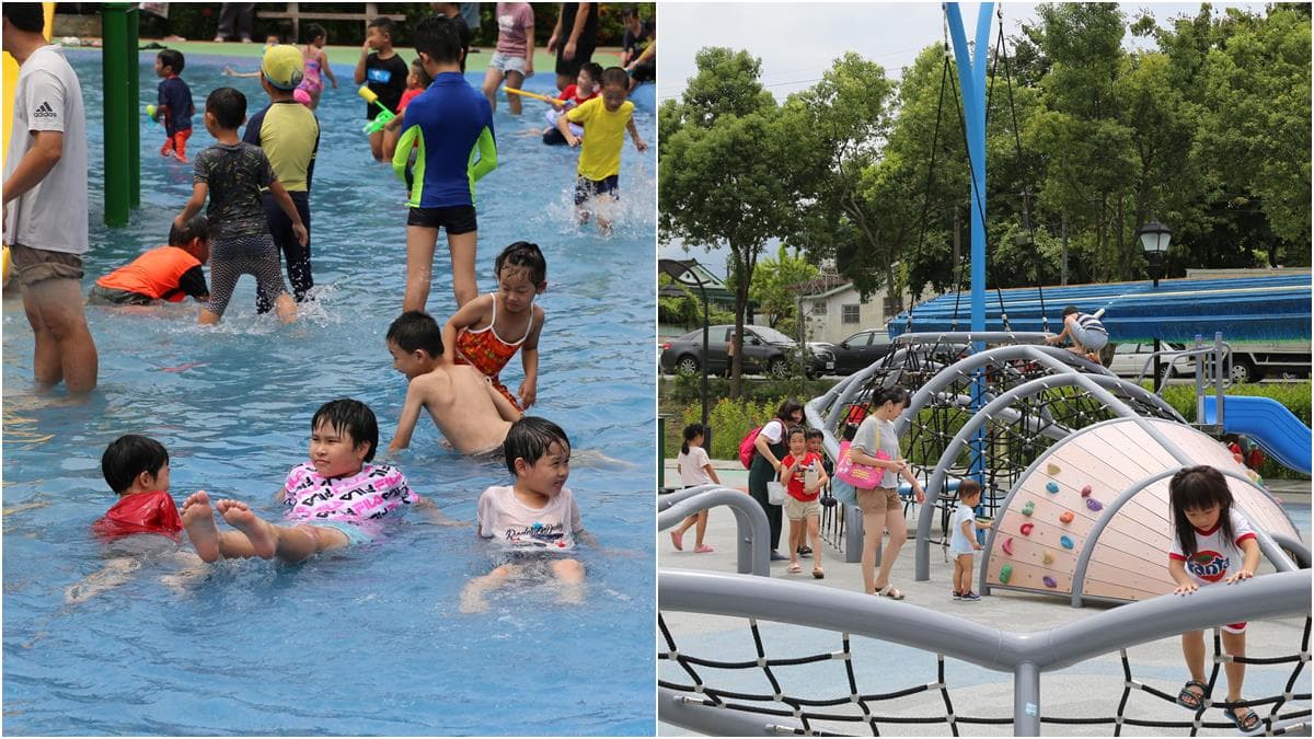 免費玩水囉!竹崎親水公園重新開放,小孩瘋玩鯨魚溜滑梯、大沙坑