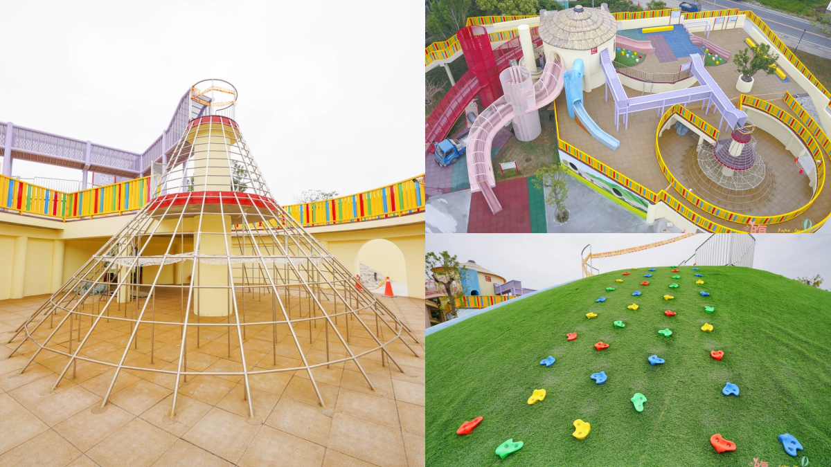 小孩放電天堂!苗栗馬卡龍色「灣麗親子公園」,先玩煙囪滑梯、彩虹步道、斗笠攀爬網