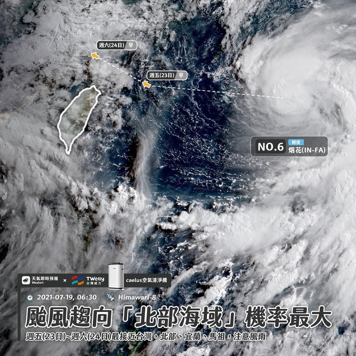 北台灣風雨影響大!第6號颱風「烟花」明起轉「中颱有雨」,預計這時最接近台灣 北台灣風雨影響大!第6號颱風「烟花」明起轉「中颱有雨」,預計這時最接近台灣