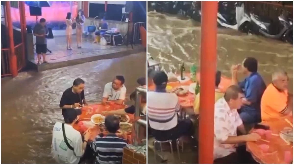 普渡宴遇暴雨!台上辣妹嗨唱、台下信眾泡水吃辦桌,網友笑稱:正港流水席
