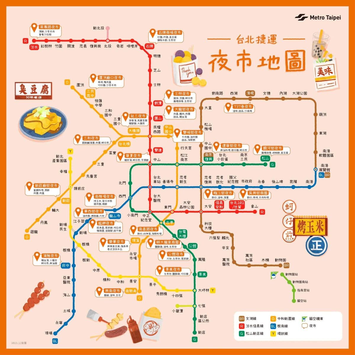 台北「捷運夜市地圖」快收藏!收錄5條捷運路線、25個夜市、必吃美食全攻略 台北捷運夜市地圖