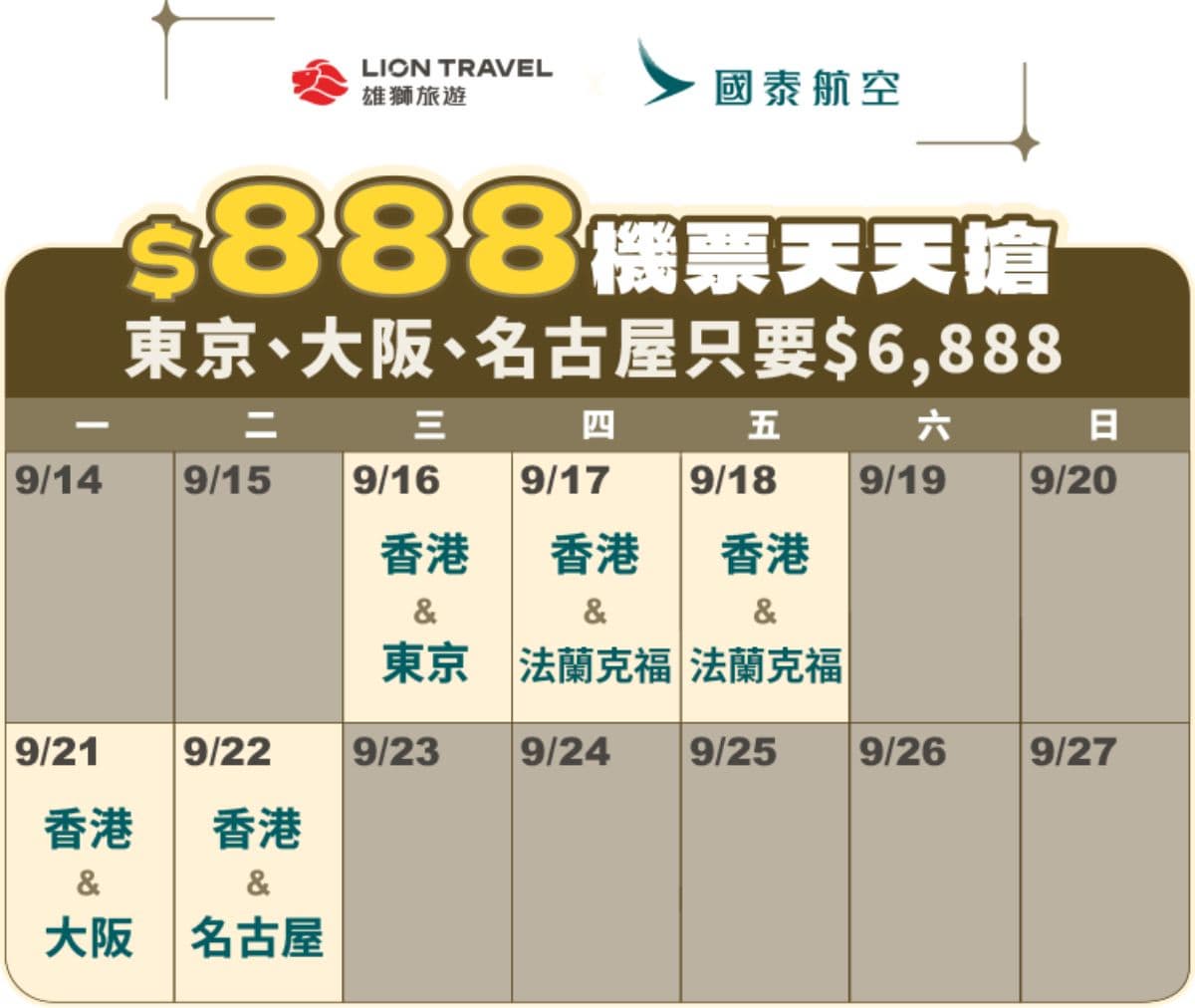 9月國泰航空機票優惠!香港888元、日本6,888元限量開搶,全航線8折起 9月國泰航空機票優惠!香港888元、日本6,888元限量開搶,全航線8折起