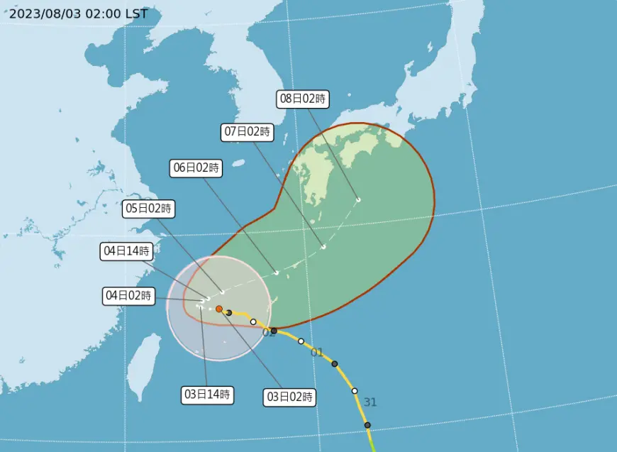 卡努路徑。（圖／翻攝氣象局） 卡努暴風圈將觸陸！4縣市有望連2天颱風假？氣象局解答了