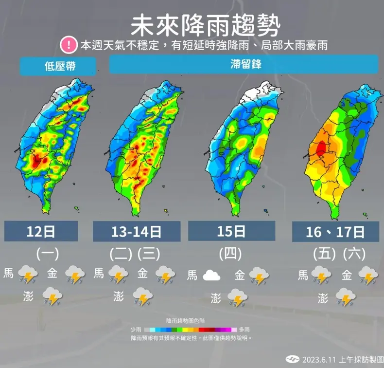 本週雨恐下一整週!滯留鋒面徘迴,各地皆有短暫陣雨或雷雨 本週雨恐下一整週!滯留鋒面徘迴,各地皆有短暫陣雨或雷雨