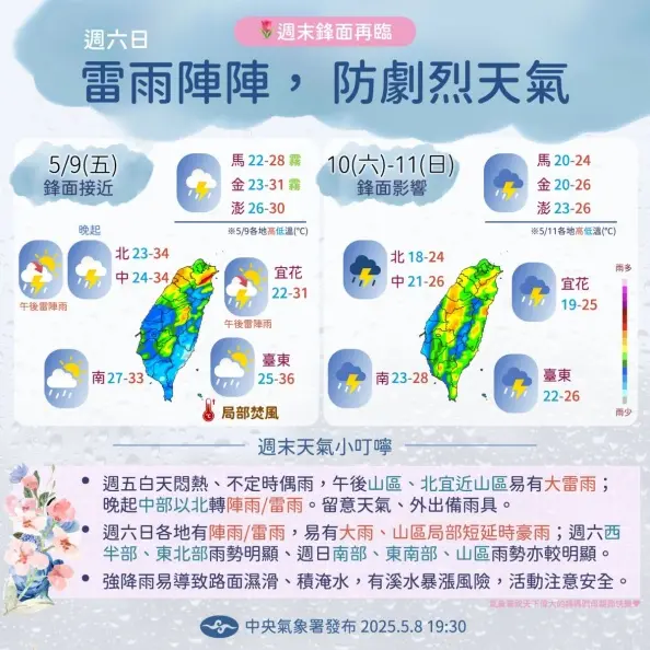 今晚要變天了！週末母親節慎防雷雨彈，下週「這天轉晴」熱如炎夏