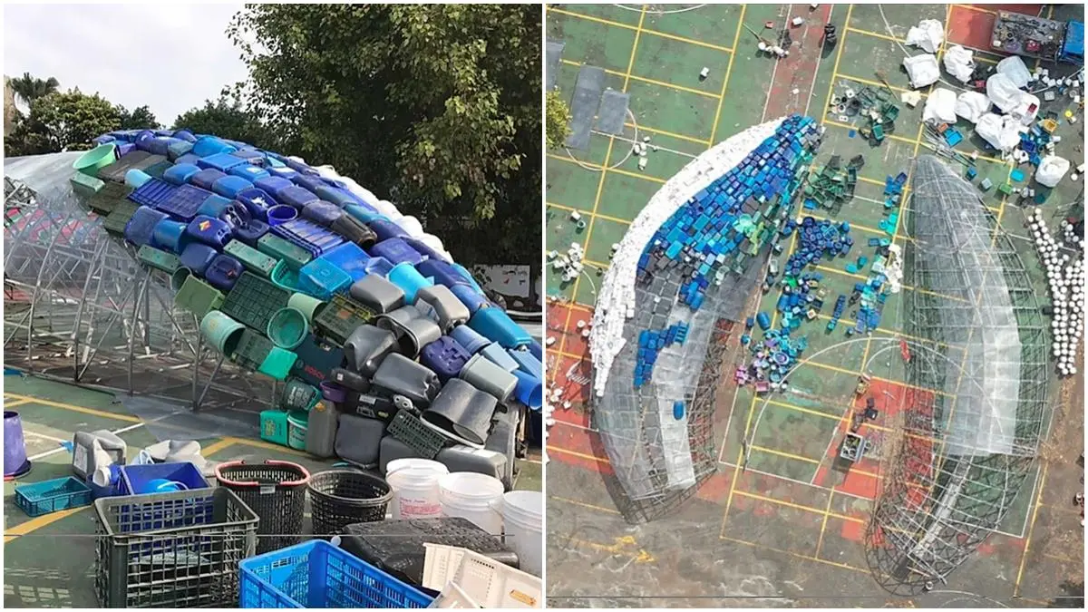 高雄愛河出現「跳躍鯨魚」,7層樓高座頭鯨竟是15噸回收垃圾做成 高雄愛河出現「跳躍鯨魚」,7層樓高座頭鯨竟是15噸回收垃圾做成