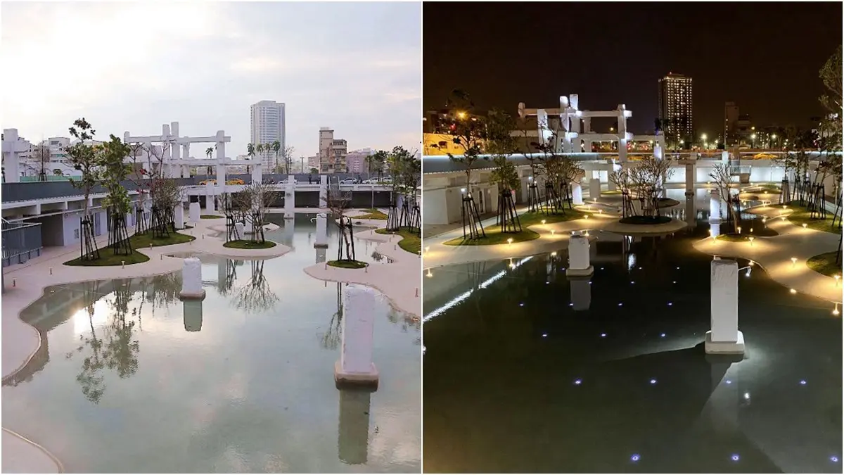 台南網美新景點!夢幻白色潟湖「河樂廣場」,親水打卡熱門地標日夜景曝光