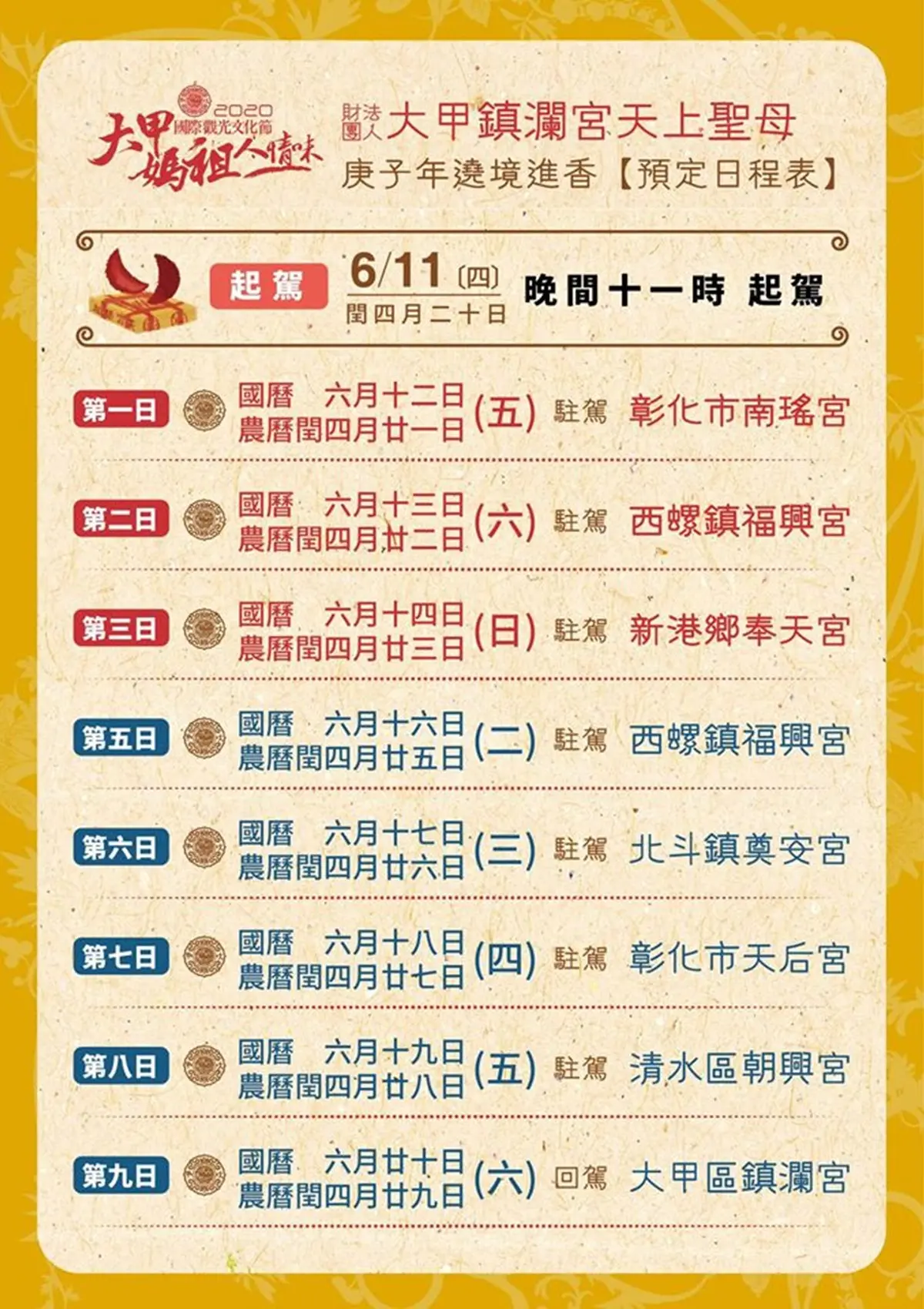 進喔!「大甲媽遶境」確定6/11晚上「這時」起駕,一張圖搞懂9天8夜行程 進喔!「大甲媽遶境」確定6/11晚上「這時」起駕,一張圖搞懂9天8夜行程